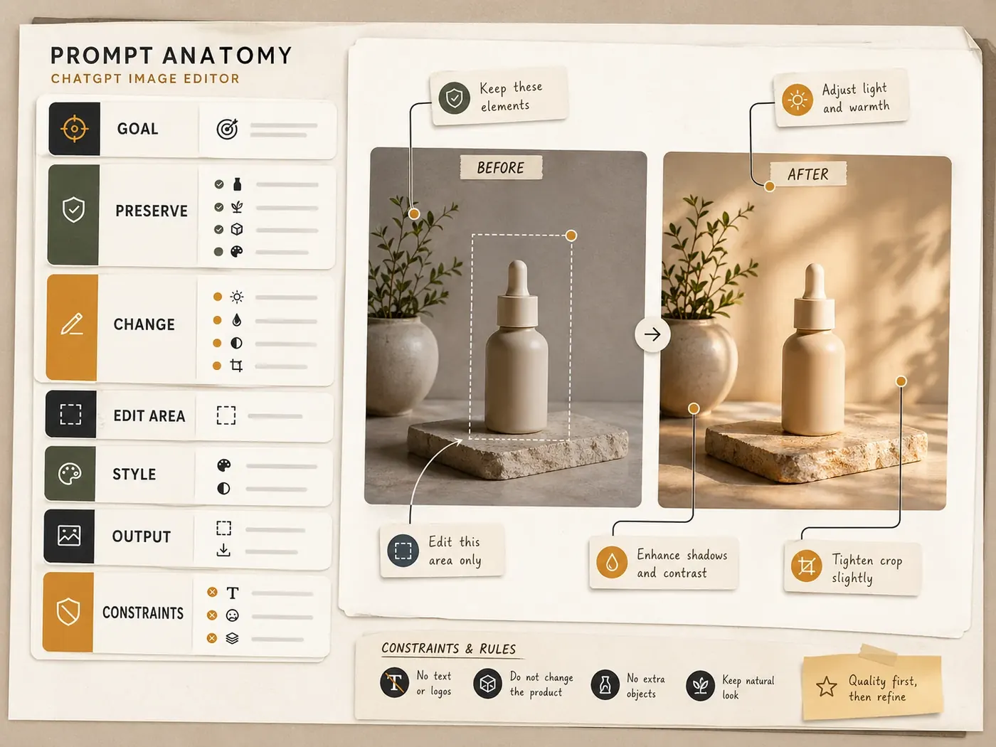 Annotated ChatGPT image edit prompt formula with preserve, change, area, style, output, and constraints fields.