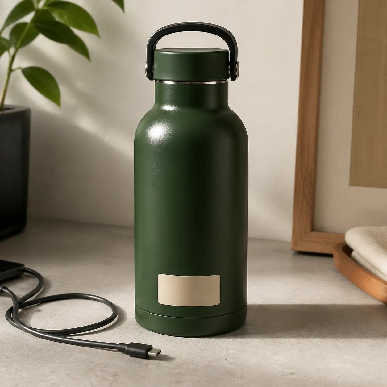 Before image of a reusable bottle product photo with glare and a distracting cable near the lower edge.