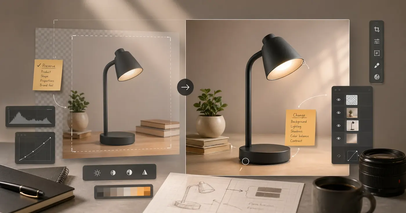 Before and after ChatGPT image editing workspace with layers, annotations, and product photo retouching marks.