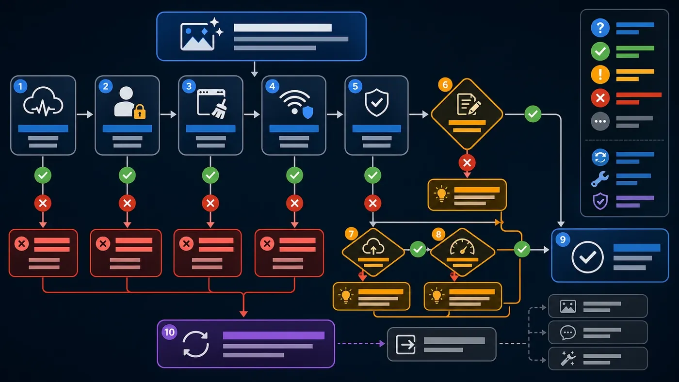 Flowchart for diagnosing why ChatGPT image generation is not working, from service status to account, browser, network, prompt, upload, and quota checks.