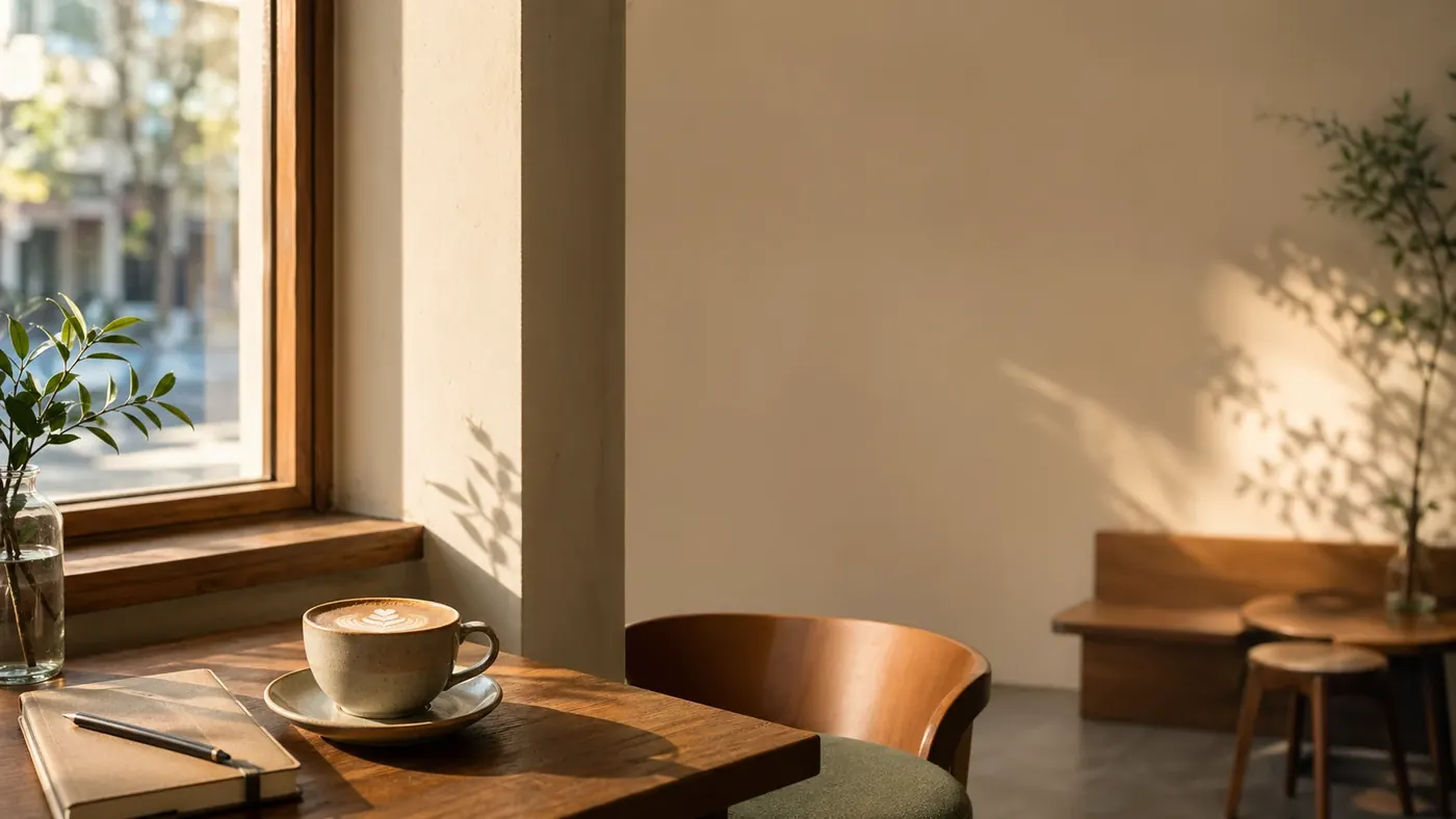 Improved cozy cafe hero image with clear composition, controlled lighting, and readable empty headline space after prompt repair.