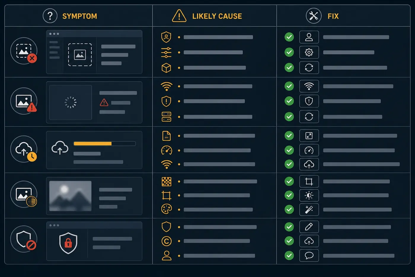 Symptom, likely cause, and fix matrix for common ChatGPT image generator problems.