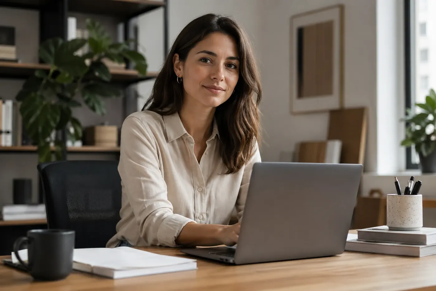 Reference pose and composition image showing a model seated at a desk with diagonal laptop framing.