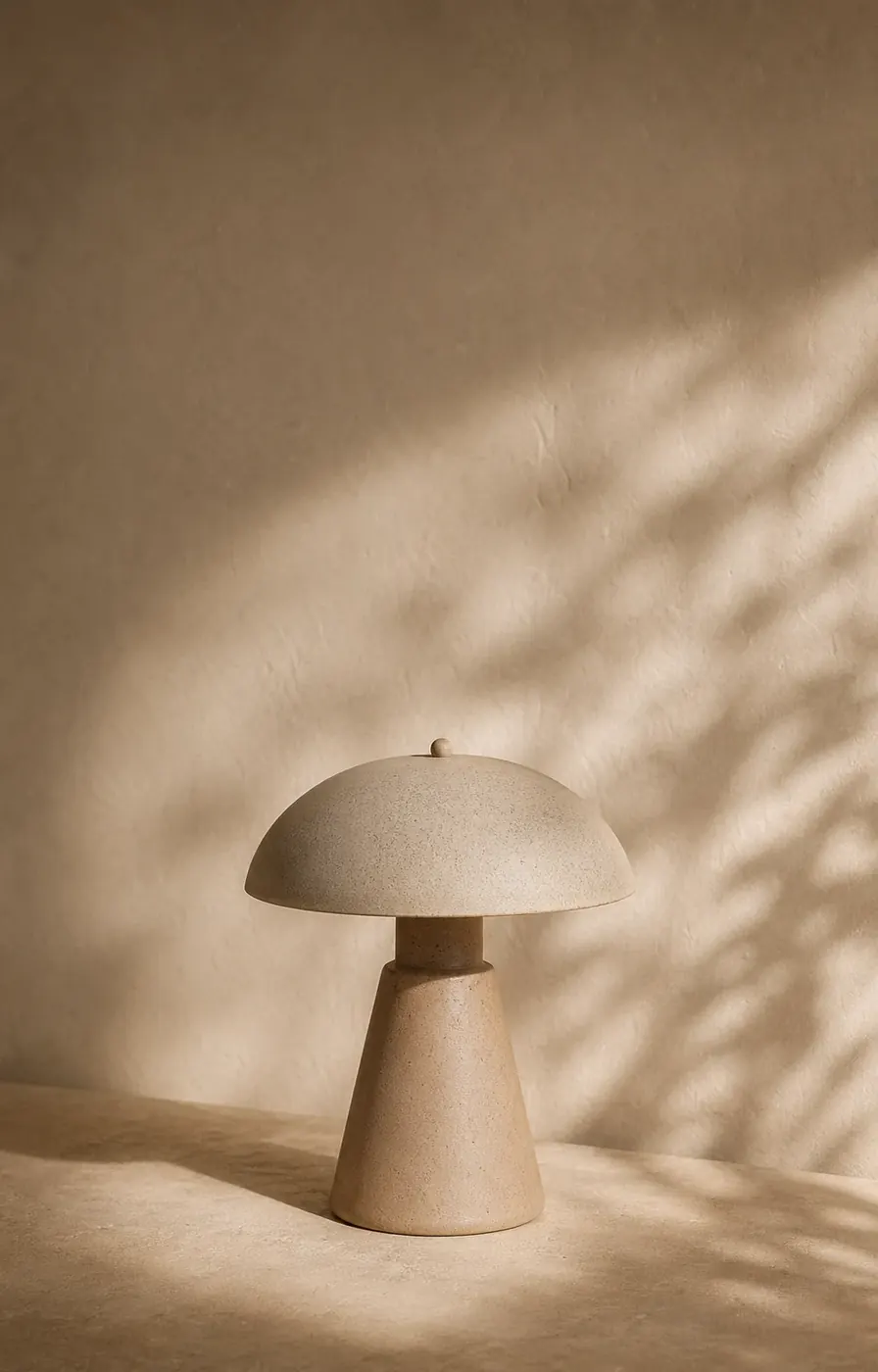 Generated ceramic lamp launch image borrowing only the reference style and color mood.