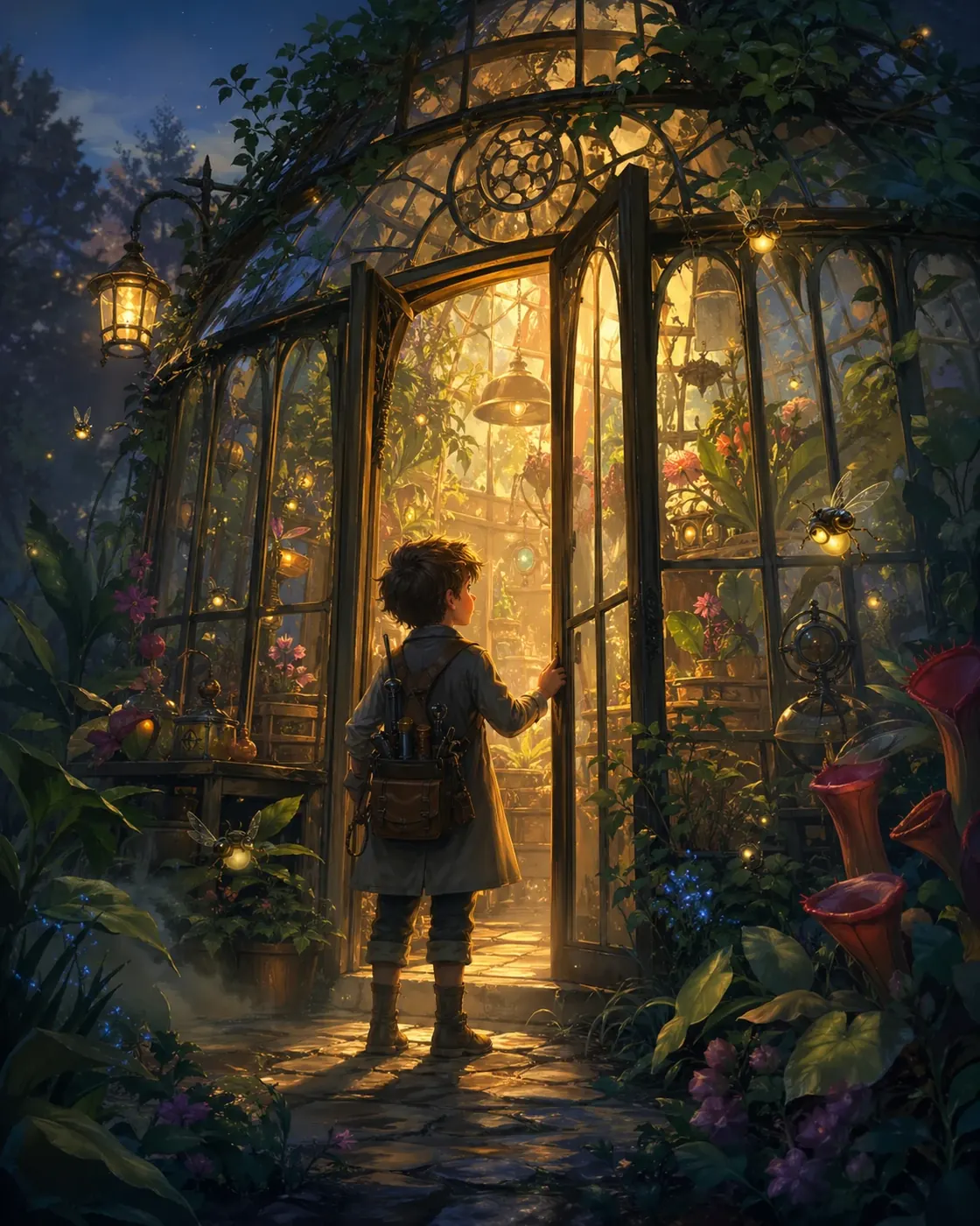 Vertical storybook concept image of a young inventor entering a glowing greenhouse with mechanical fireflies.