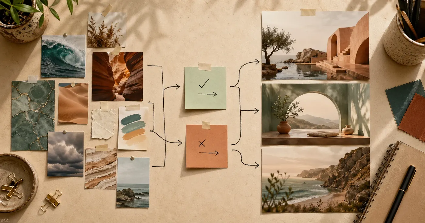 Creator board showing sticky notes, prompt cards, style swatches, and finished AI image previews made with ChatGPT.
