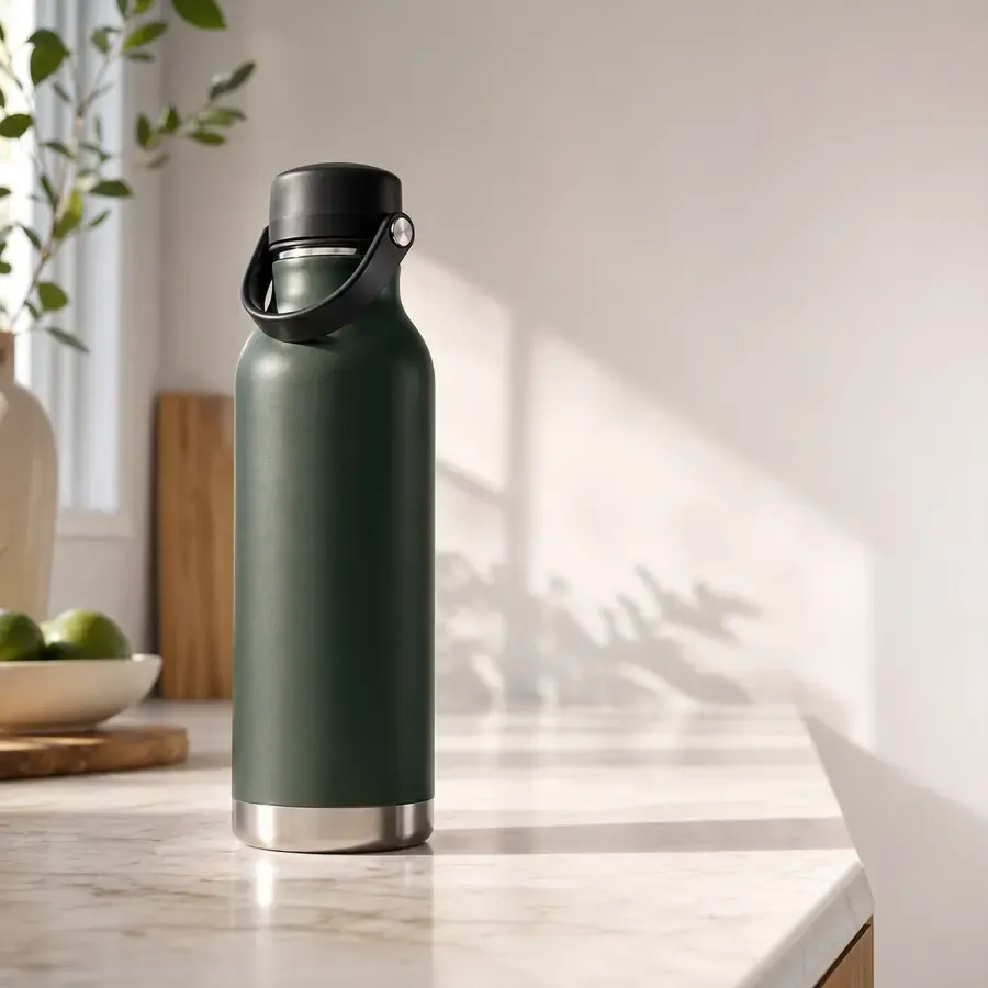 Generated product hero image showing a matte forest-green water bottle on a bright kitchen counter with empty copy space.