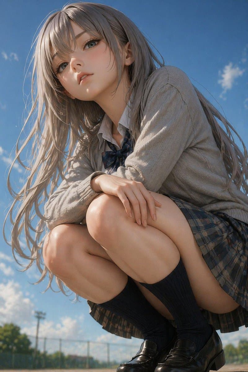 Profile / Avatar - Photorealistic Anime Schoolgirl Crouching Portrait generated image example