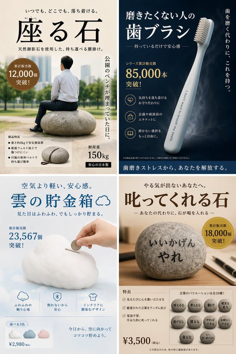 Social Media Post - Satirical 4-Panel Product Ads generated image example