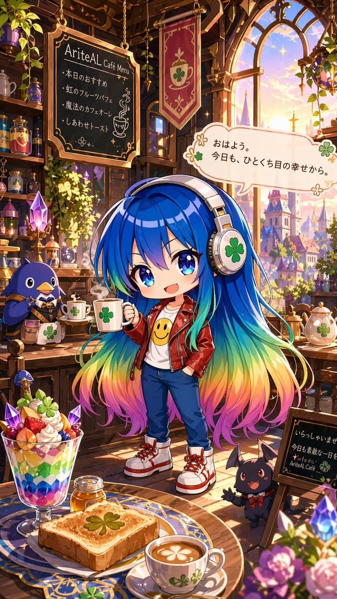 Comic / Storyboard - Chibi Rainbow Girl in Fantasy Cafe generated image example