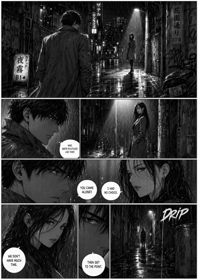 Comic / Storyboard - Rainy Noir Manga Alley Page generated image example