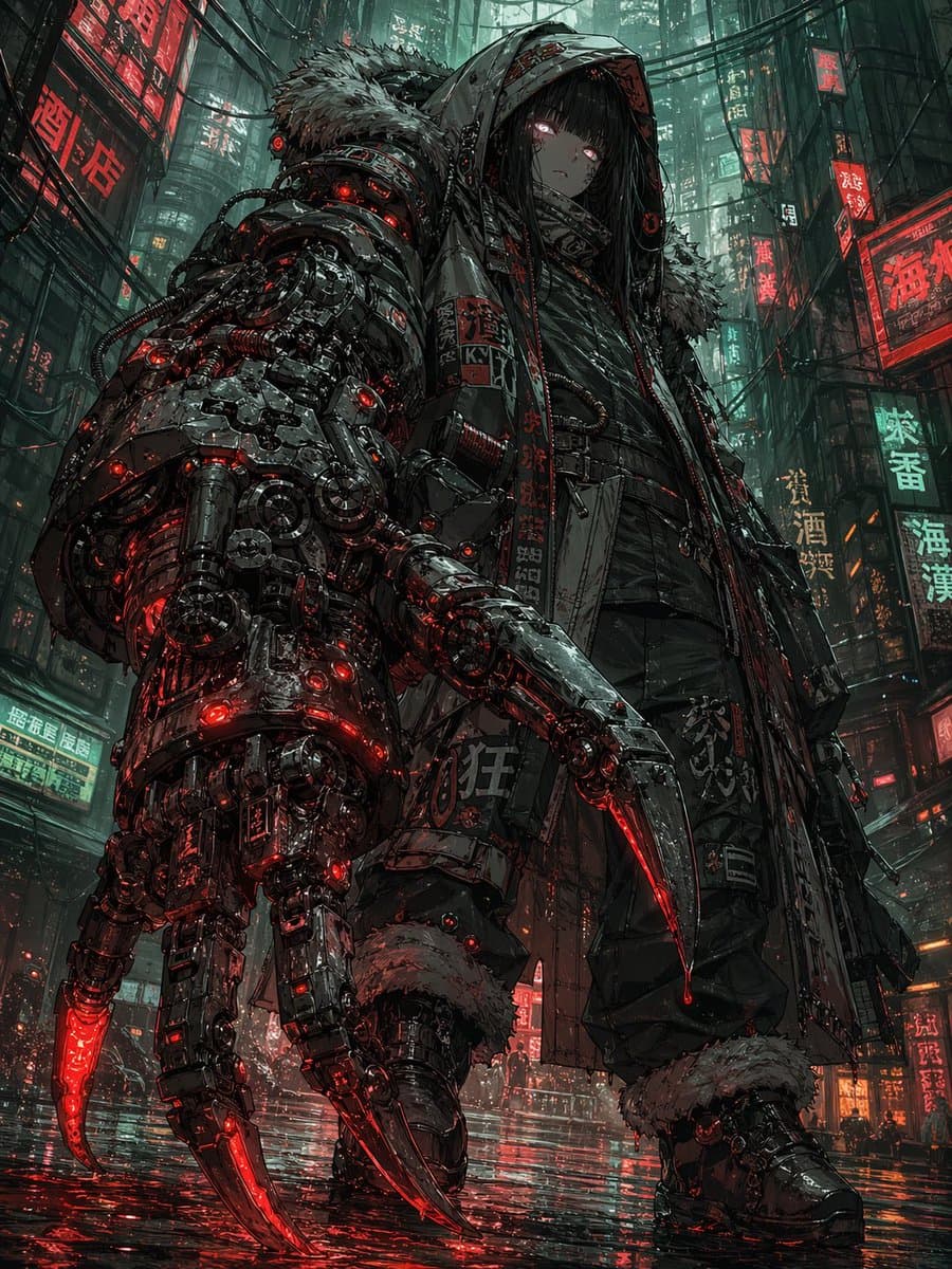 Comic / Storyboard - Cyberpunk Girl with Giant Claw Arm generated image example