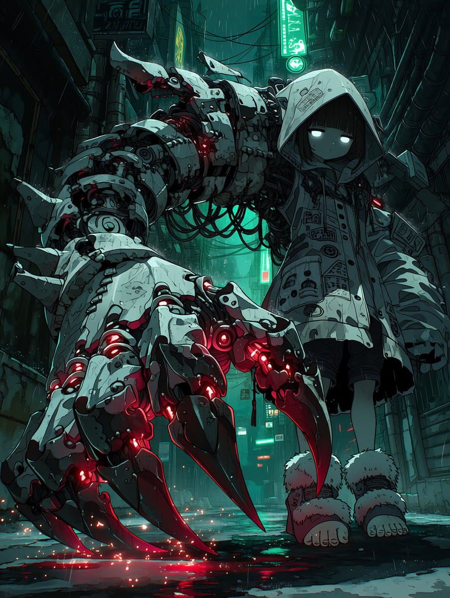 Comic / Storyboard - Cyberpunk Girl with Giant Mech Claw generated image example