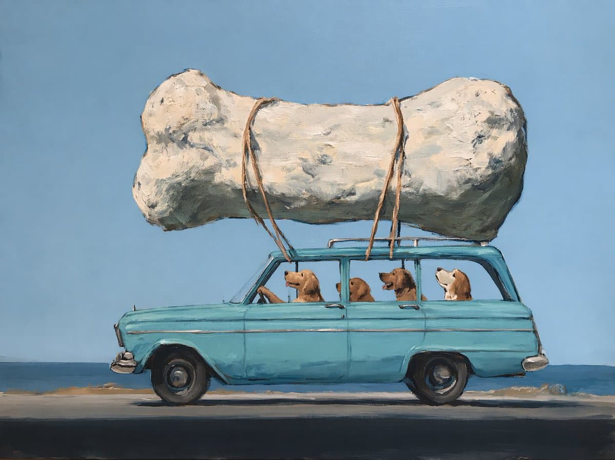 Social Media Post - Dogs Carrying Giant Bone by the Sea generated image example