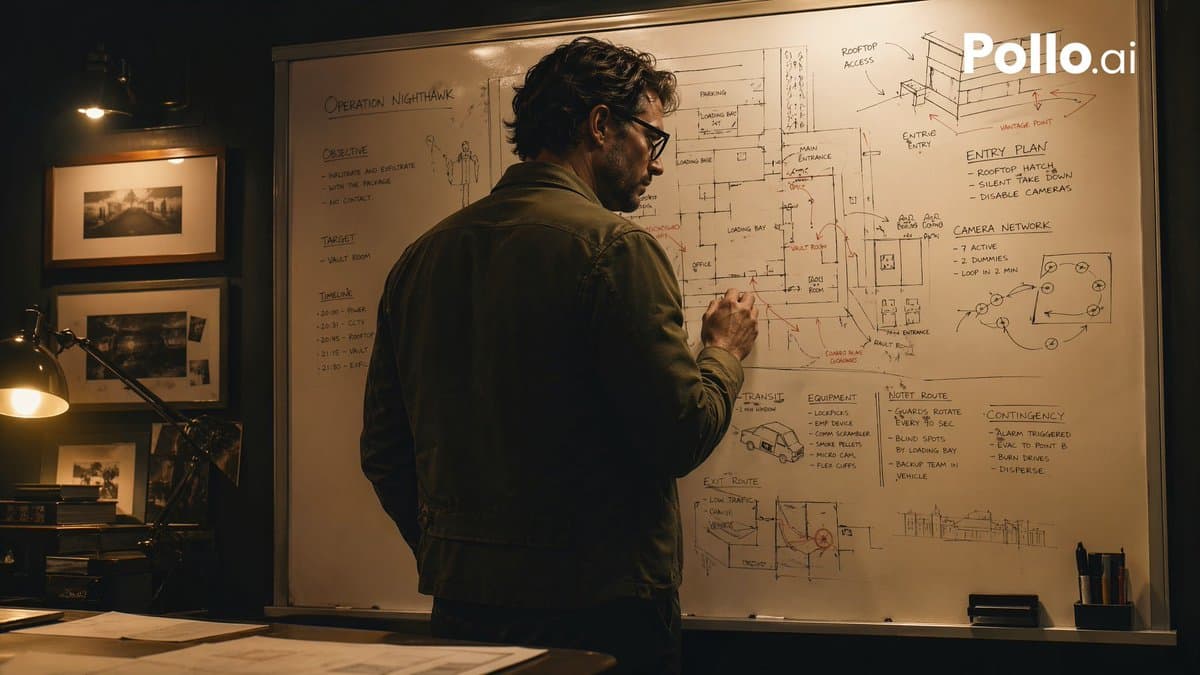 Comic / Storyboard - Cinematic Heist Mastermind at Whiteboard generated image example