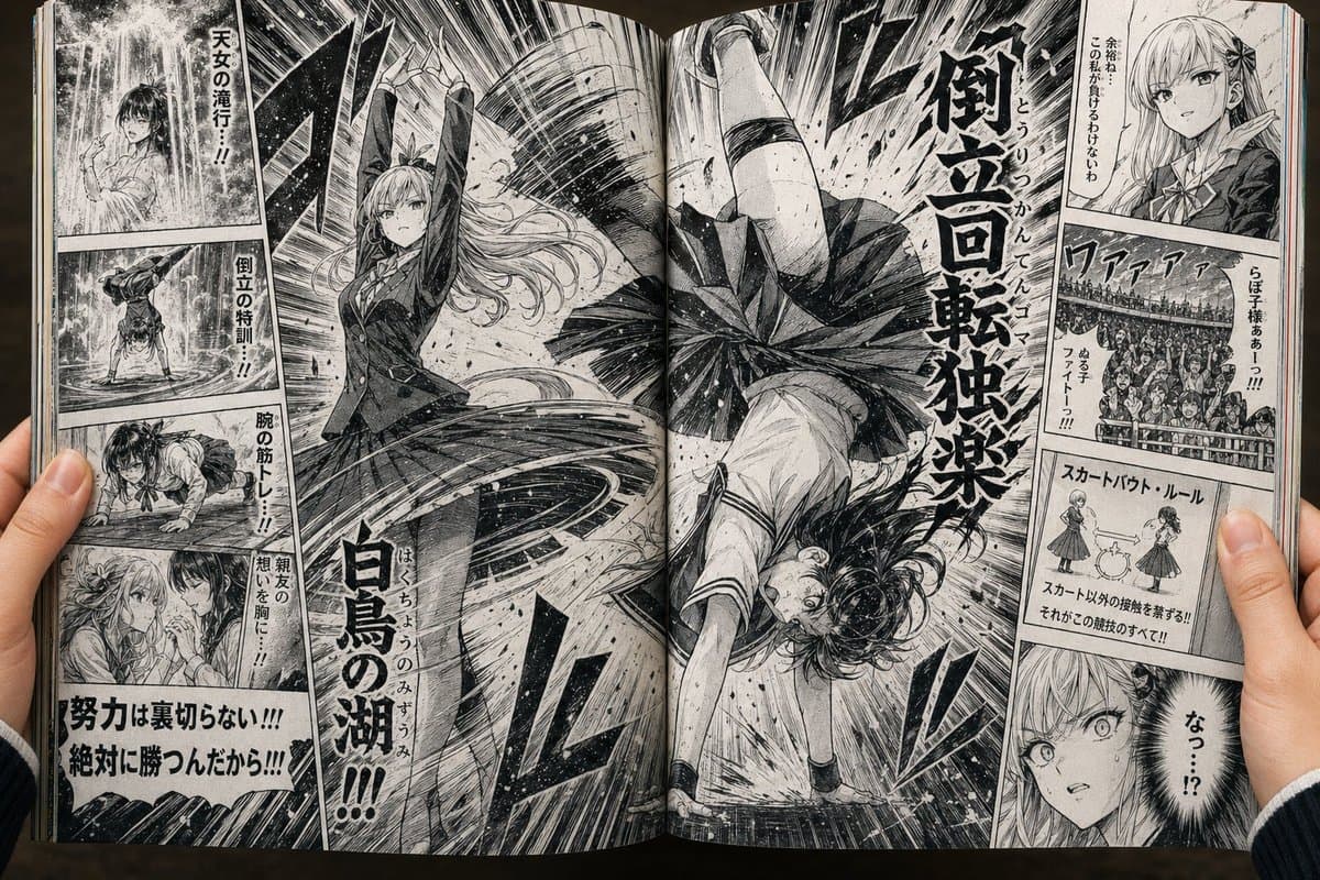 Comic / Storyboard - Fictional Skirt-Battle Manga Spread generated image example