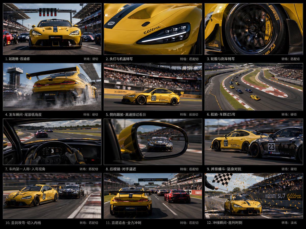 Comic / Storyboard - 12-Panel Xiaomi SU7 Ultra Racing Storyboard generated image example