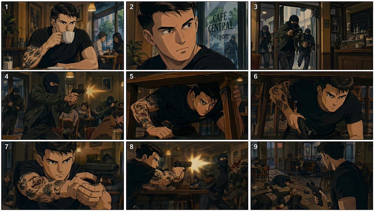 Comic / Storyboard - 90s Anime Cafe Shootout Storyboard generated image example