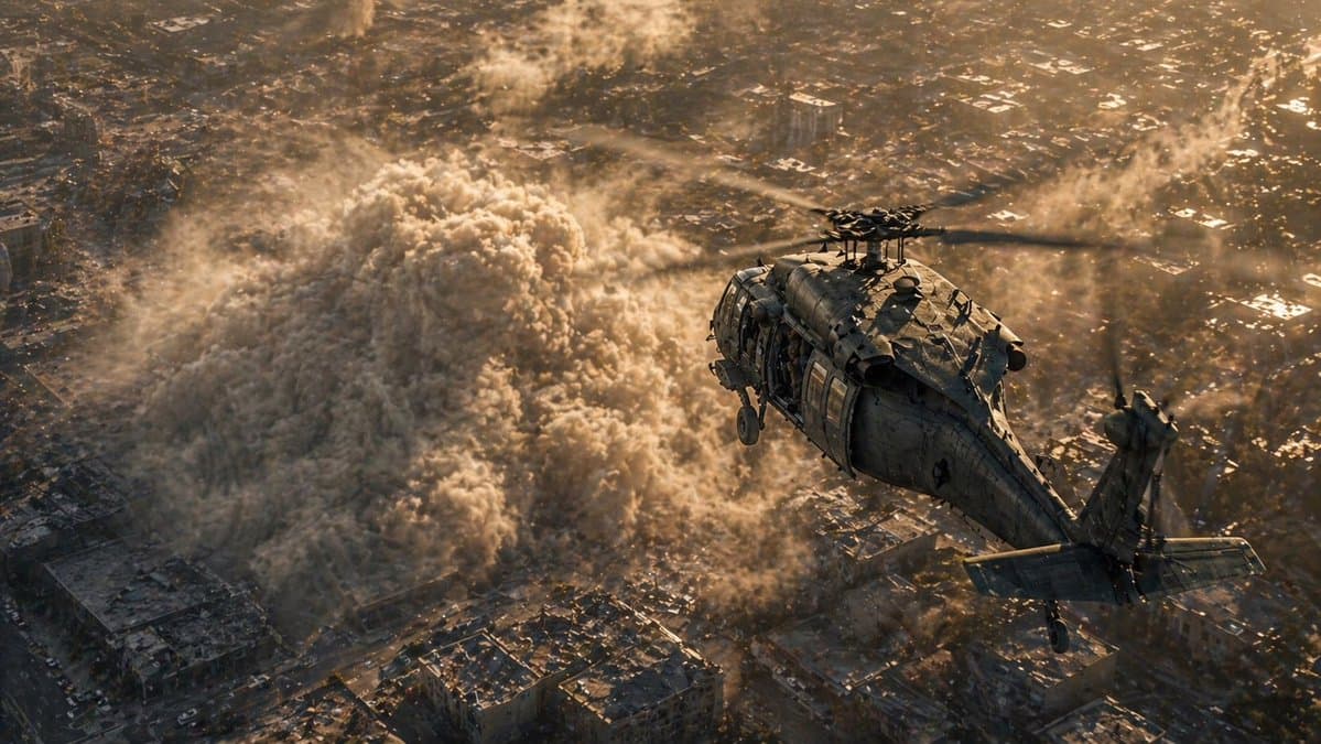 Comic / Storyboard - Helicopter Over Urban Dust Cloud generated image example