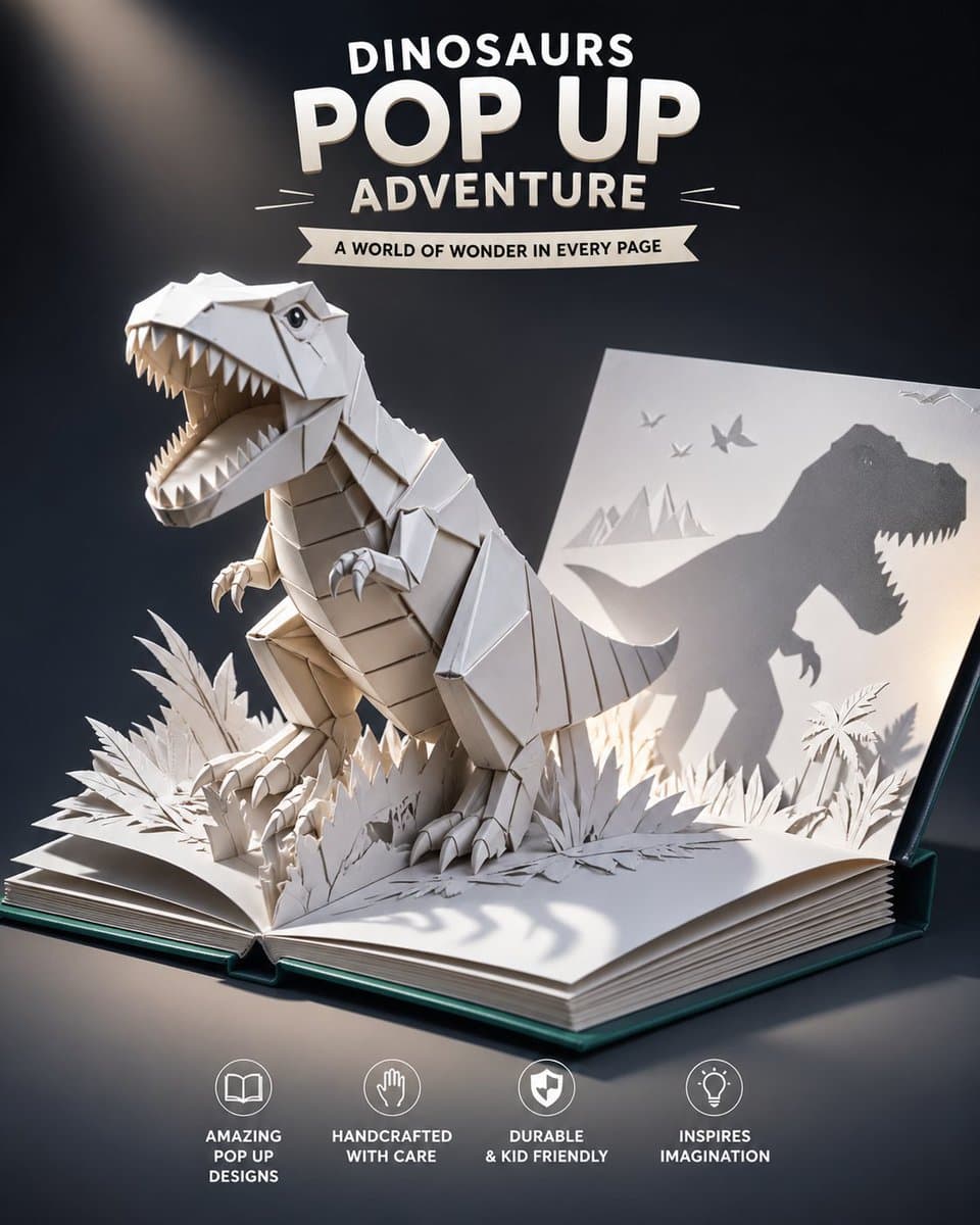 Product Marketing - Origami Dinosaur Pop-Up Book Ad generated image example