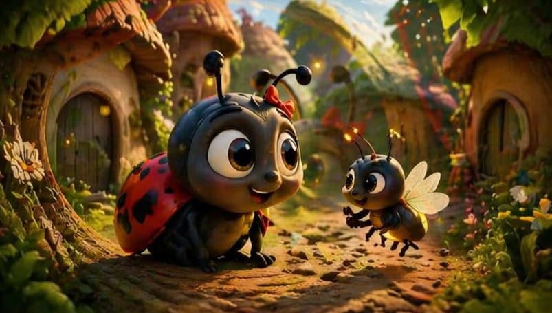Comic / Storyboard - Whimsical Ladybug and Bee Village Scene generated image example