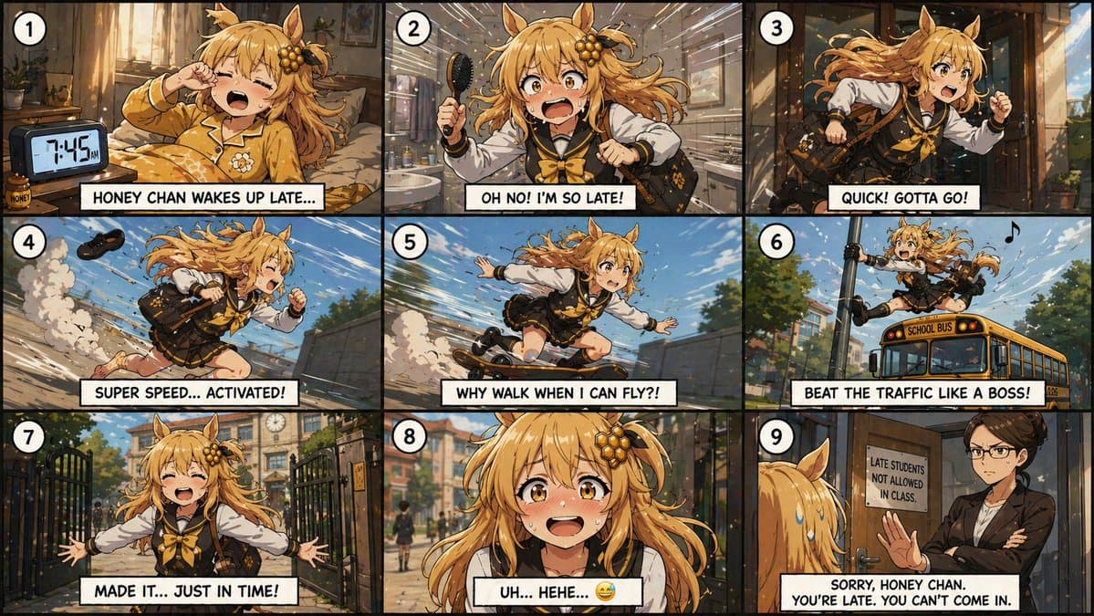 Comic / Storyboard - Anime Schoolgirl Late Morning Comic generated image example