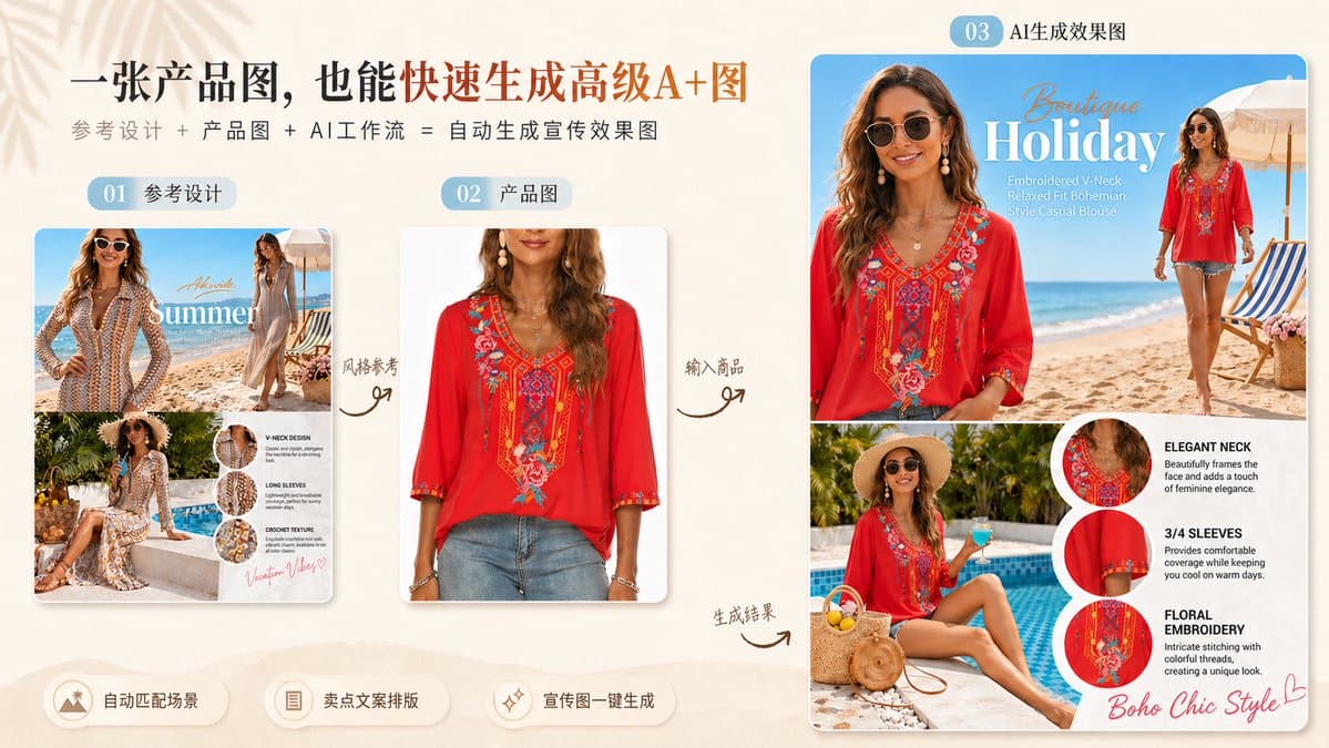 E-commerce Main Image - Reference-to-Boho Fashion Ad Remake generated image example