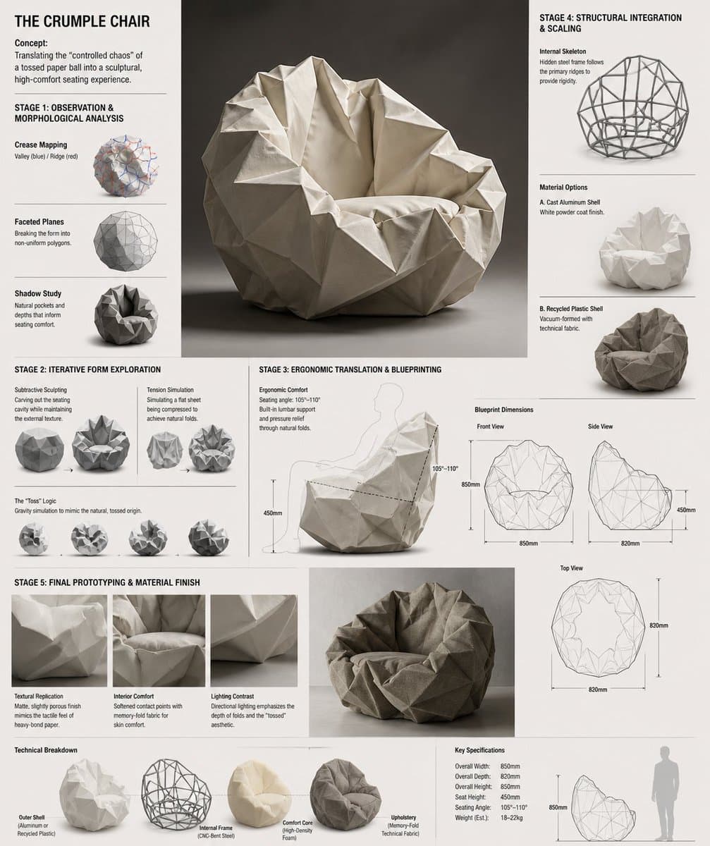 Infographic / Edu Visual - Crumple Paper Furniture Concept Design generated image example