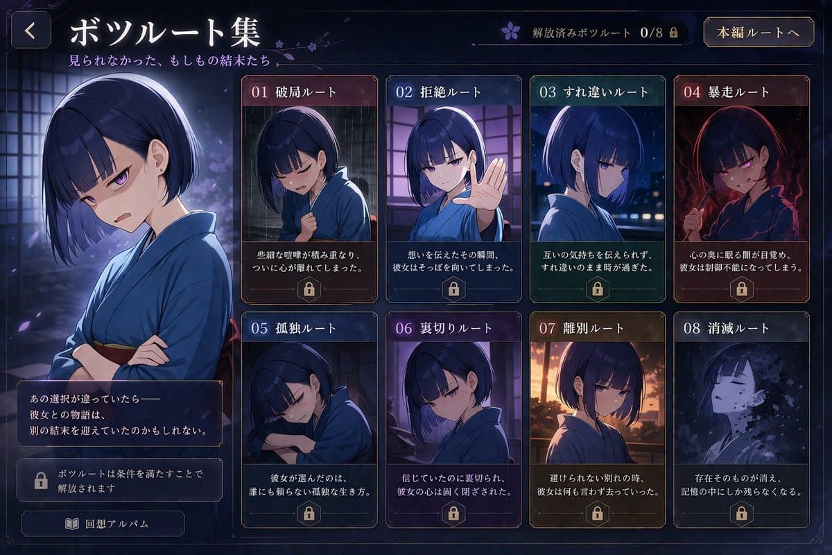 Game Asset - Visual Novel Rejected Routes UI generated image example