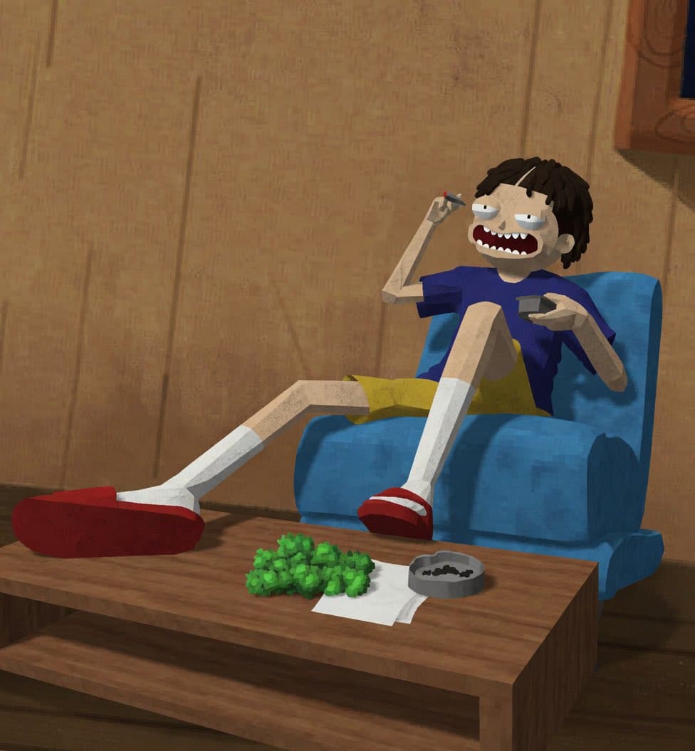 Comic / Storyboard - Low-Poly Cartoon Stoner Living Room generated image example