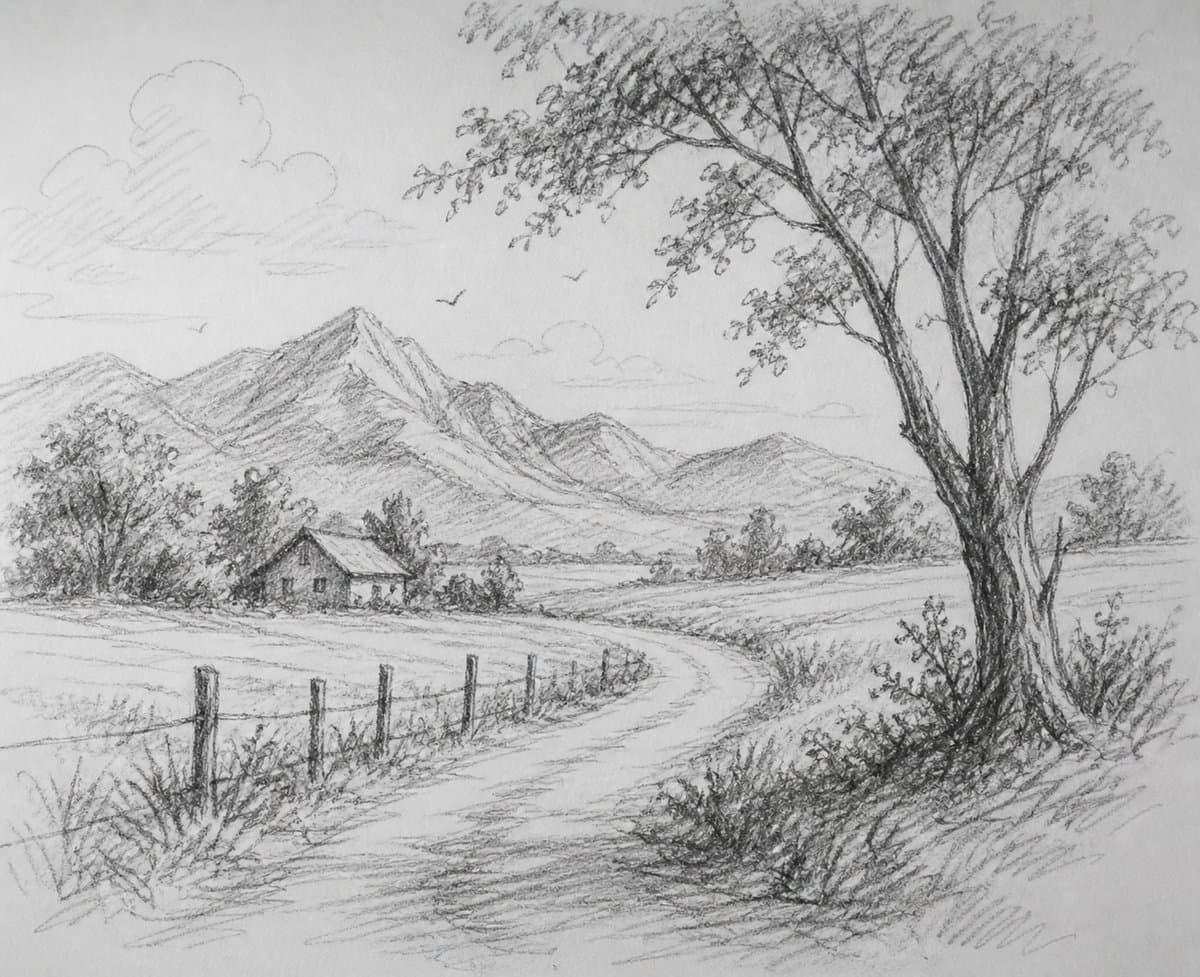 Comic / Storyboard - Scribbly Pencil Mountain Landscape generated image example