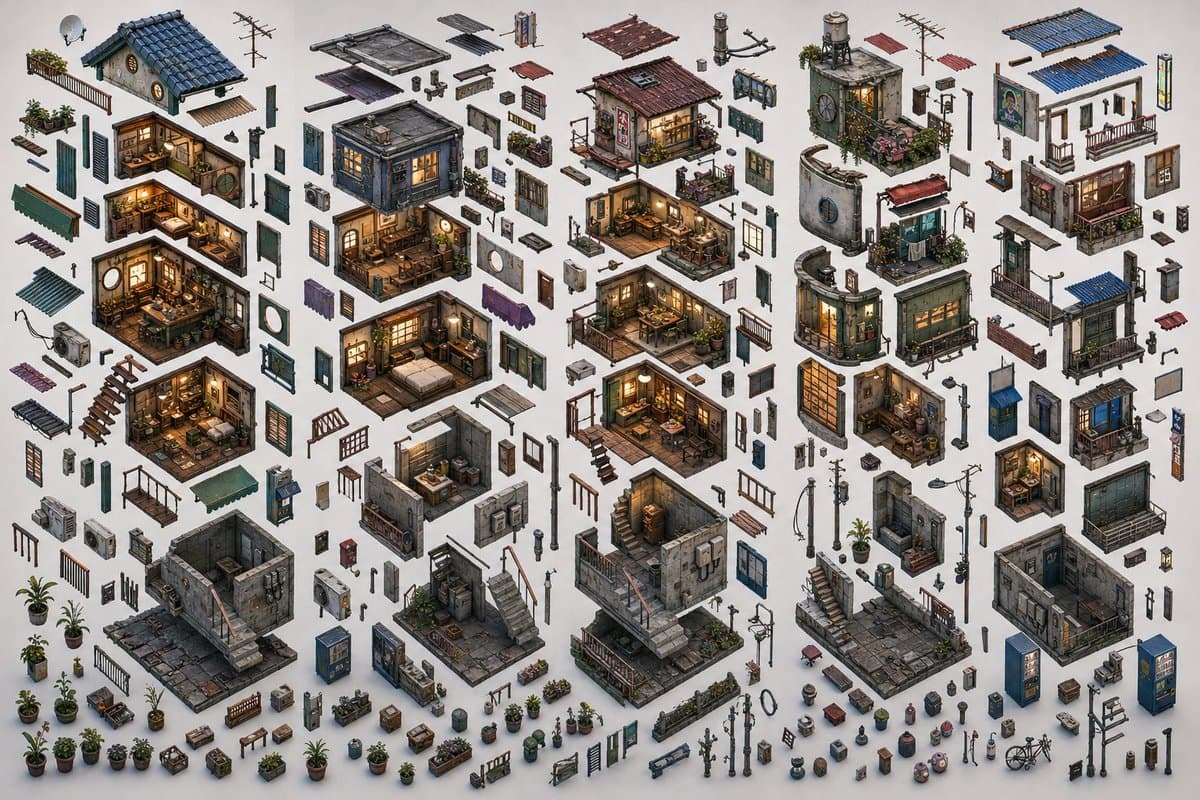 Game Asset - Isometric Exploded Urban Asset Sheet generated image example