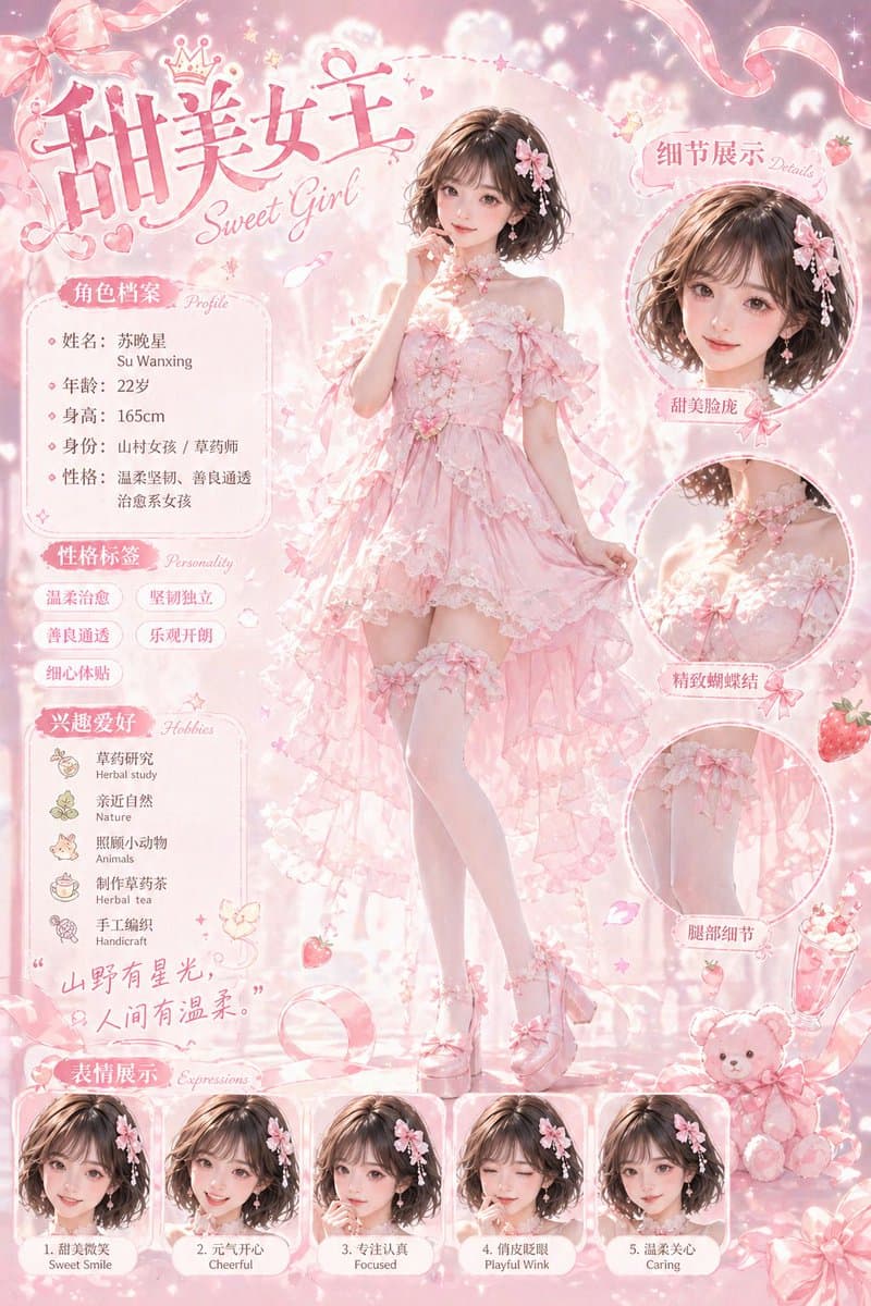 Game Asset - Sweet Pink Princess Character Sheet generated image example