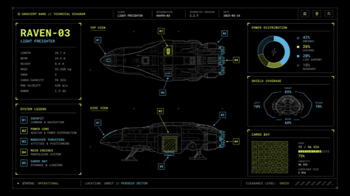 Infographic / Edu Visual - Sci-Fi Light Freighter Schematic HUD generated image example