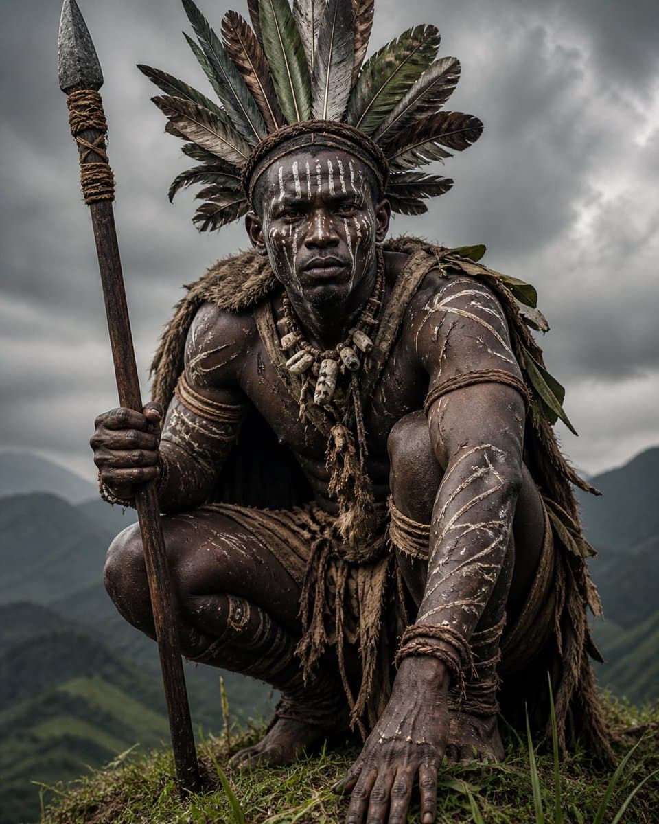 Social Media Post - Crouching Tribal Warrior Portrait generated image example